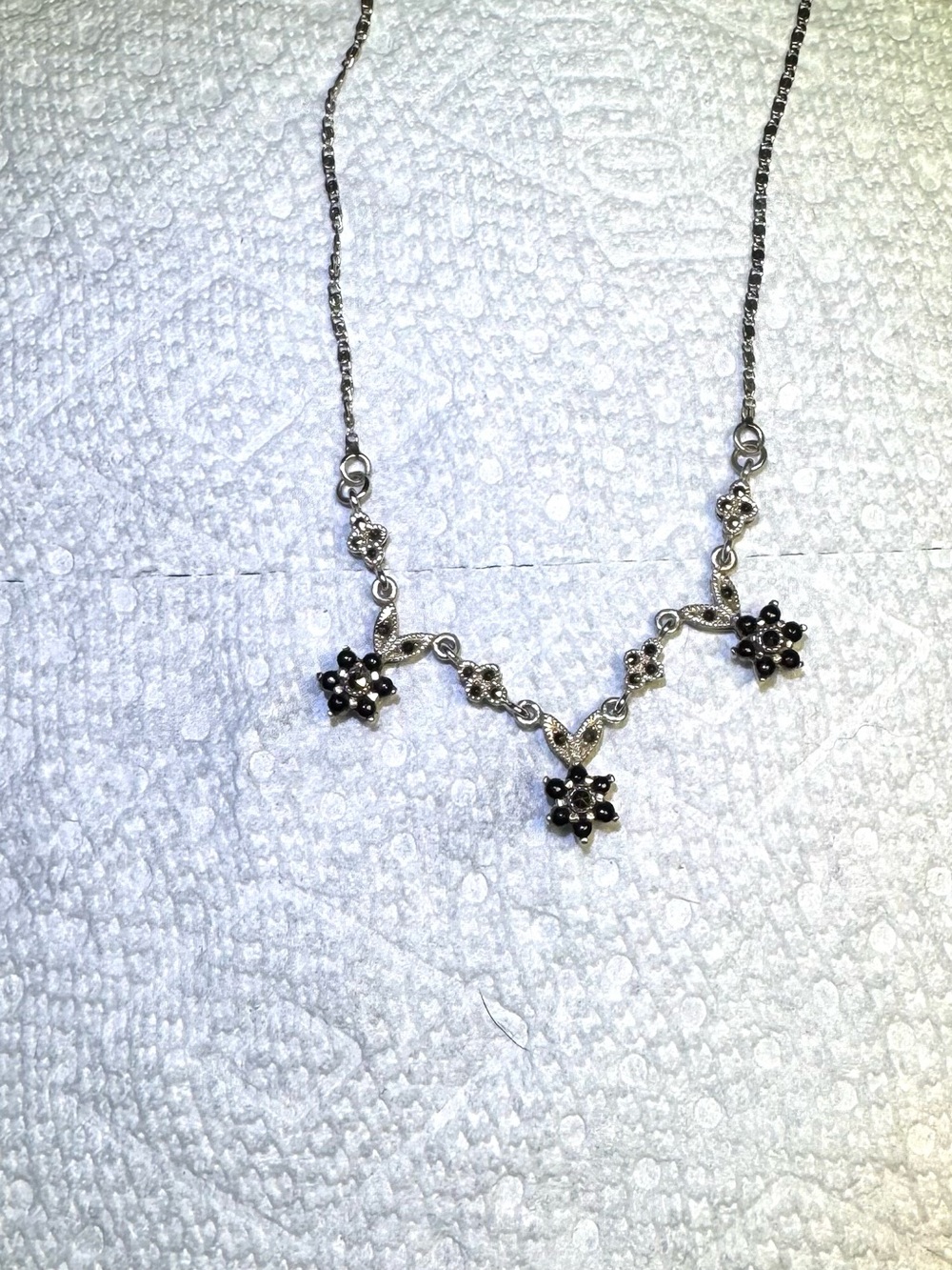 Sterling Silver Victorian - Revival Style Black Onyx Marcasite Necklace.